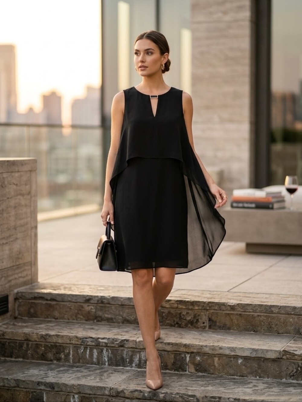 Vince Camuto Black Layered Chiffon Overlay Split Neck Dress Size 4 Gold Hardware
